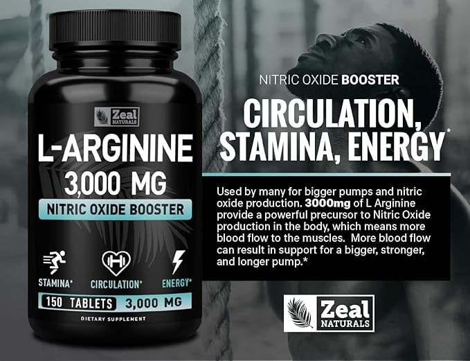 Zeal Naturals L Arginine 3000mg Capsules (150 Tablets | 1000mg) Maximum Dose L-Arginine Nitric Oxide Supplement for Supporting Muscle Growth, Vascular Function and Energy - Nitric Oxide Booster