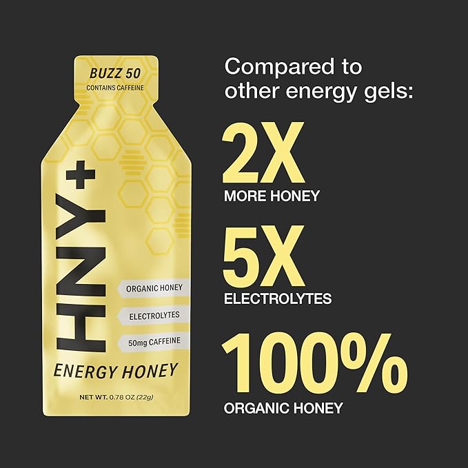 HNY+ Buzz Organic Honey Energy Gel with Electrolytes, Magnesium, Sea Salt, Potassium & Green Tea Caffeine, Gluten Free & Vegan, Workout Gels, for Gym, Running & Hiking, 50mg Caffeine, 12 Pack