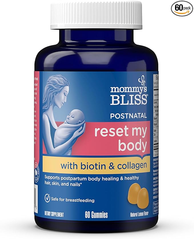 Mommy's Bliss Postnatal Support Reset My Body Gummies with Biotin & Collagen, Supports Postpartum Energy, Healing & Joint Health + Hair, Skin & Nails Health, Gluten Free, 60 Gummies (30 Servings)