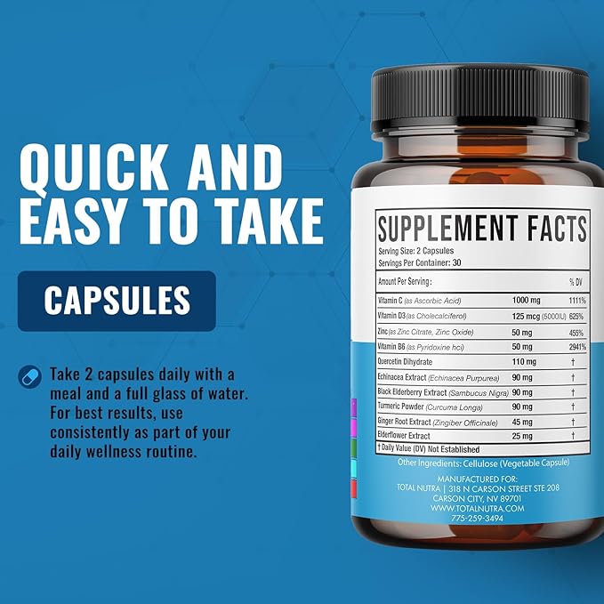 10-In-1 Immune Support Supplement: Immune Boosters for Adults & Kids Daily Immunity Defense with Key Immune System Vitamins Zinc, Vitamin C and D, Plus Elderberry, Quercetin, Echinacea & More, 60 Caps