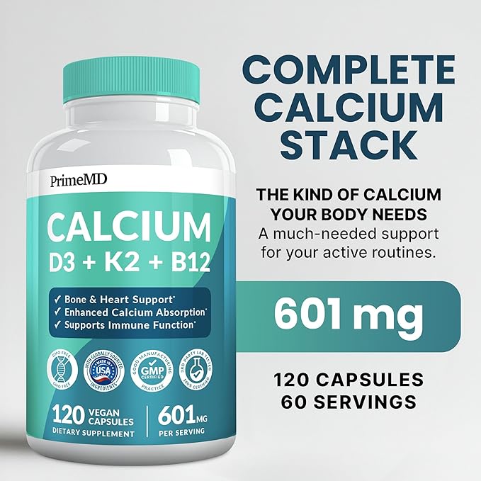 4-in-1 Calcium Supplements for Women and Men - Calcium with Vitamin D3 K2 5000 IU Supplement, 601mg per Serving - Gluten-Free, Vegan-Friendly (120 ct)
