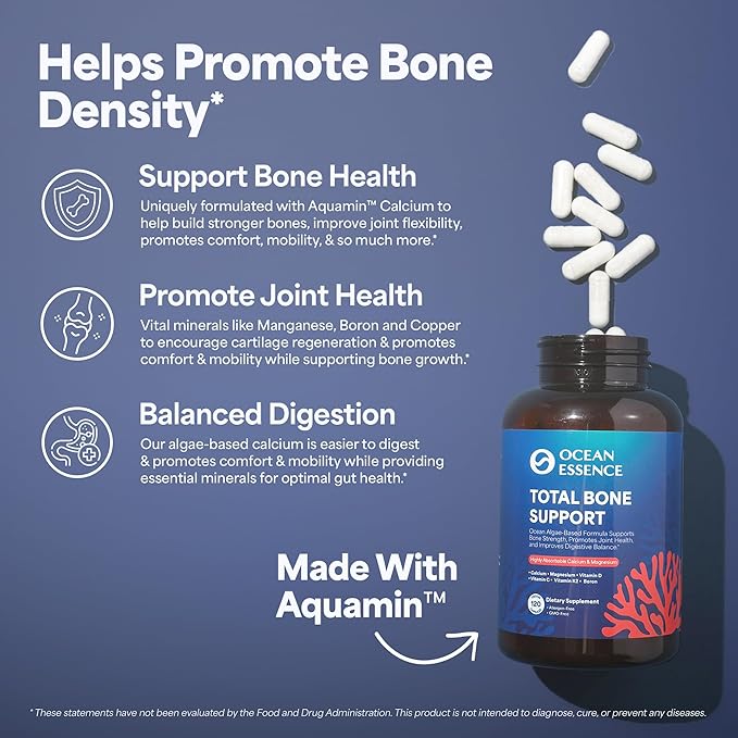 3 Pack OCEAN ESSENCE Total Bone Support - Plant-Based Algae Calcium Supplement for Supporting Bone Density & Strength - For Men & Women 35+ - 120 Natural Calcium Capsules - Vitamins for Optimal Health