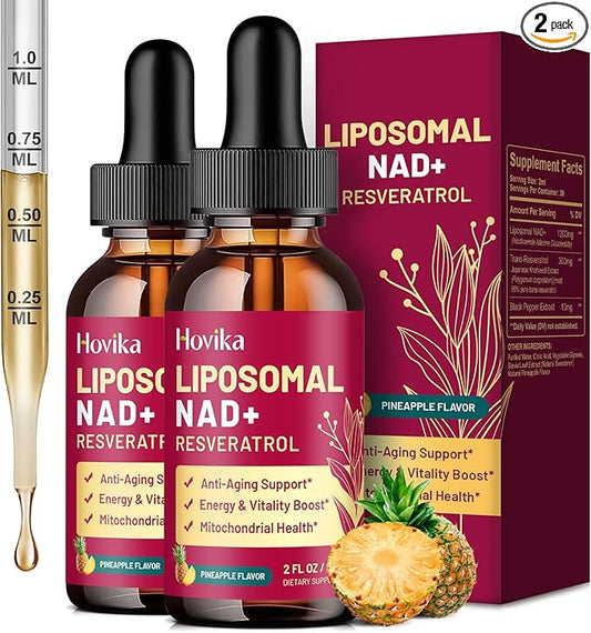 2 Pack Liposomal NAD Supplement - 1200mg NAD+ Liquid Drops for Women & Men with Resveratrol, Black Pepper Extract - Support Anti-Aging, Brain & Cellular Mitochondrial Health - Pineapple Flavor