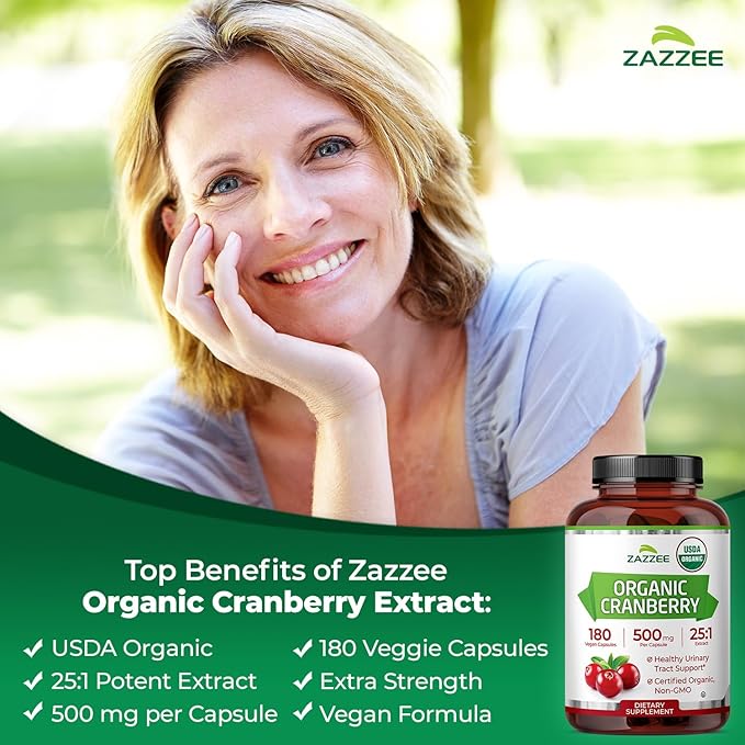 Zazzee USDA Organic Cranberry 25:1 Extract, 500 mg per Capsule, 180 Vegan Capsules, 6 Month Supply, Standardized, Concentrated 25X Extract, 100% Vegetarian, Certified Organic, Non-GMO All-Natural