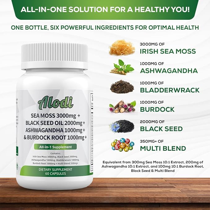 Super Sea Moss Blend - Advanced Formula with Ashwagandha KSM 66, Black Seed Oil, Burdock Root, Bladderwrack, Turmeric, ACV, Ayurveda - Lab Tested for Maximum Potency for Men and Women (2 Bottles)