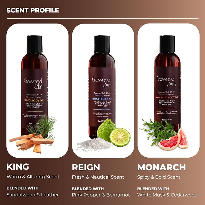 King, Reign, and Monarch Cologned Body Oil Bundle | Alluring, Nautical, & Spicy Scents | Infused with Organic Shea & Mango Butters | Moisturizing Formula with All-Day Fragrance