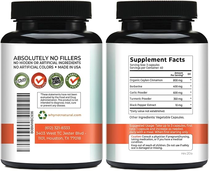 5-in-1 Organic Ceylon Cinnamon Capsules with Berberine, Garlic, Turmeric, Black Pepper Extract Pills