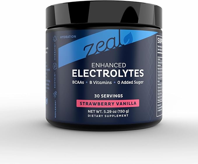 Zeal Electrolyte Powder - 90 Servings | Keto Electrolytes Powder | Zero Sugar, BCAAs, B-Vitamins | Potassium, Zinc, Magnesium | Hydration Powder Recovery Drink | Strawberry Vanilla