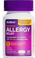 ValuMeds 24-Hour Allergy Relief Fexofenadine Hydrochloride 180mg | Non-Drowsy Antihistamine Generic Medicine for Allergies, Hay Fever, Itchy Eyes for Kids, Adults | Compare to Allegra (45-Count)