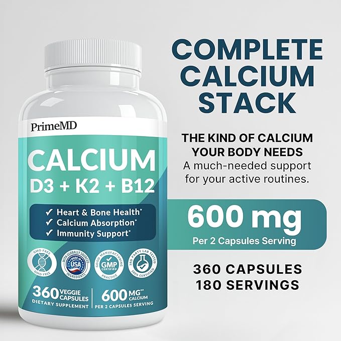 4-in-1 Calcium Supplements for Women and Men - Calcium with Vitamin D3 K2 5000 IU Supplement, 601mg per Serving - Gluten-Free, Vegan-Friendly (360 ct)