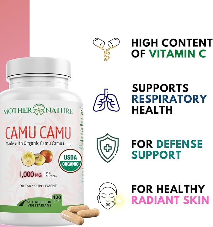 Organic Vitamin C from Camu Camu Capsules 1,000mg, Packed with Natural VIT C, Raw Antioxidants - Immune Support Supplement & Anti-Aging for Skin - Powder Organic, Vegan, Non-GMO (120 Count)