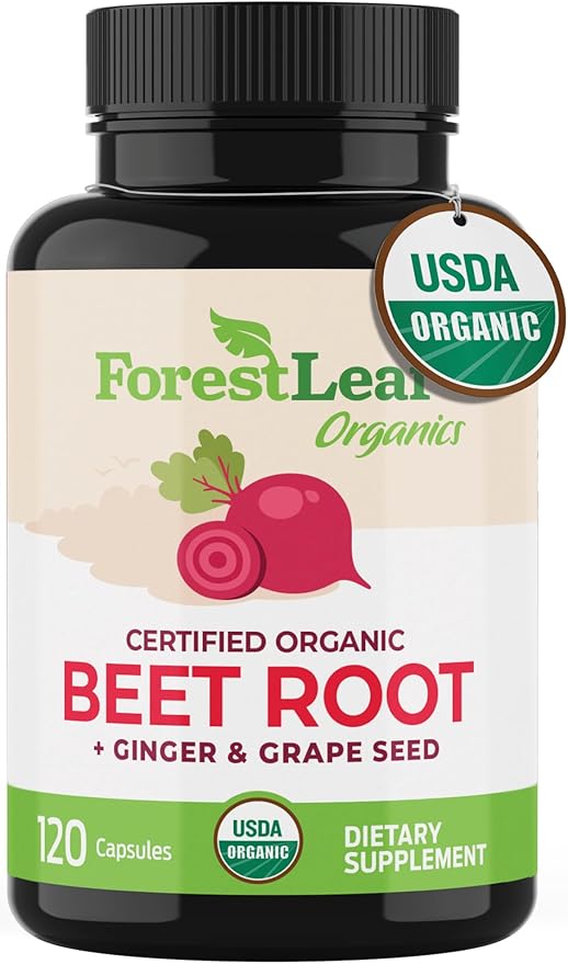 ForestLeaf Organic Beet Root Capsules - Beetroot Supplement 16000mg Strength 20:1 Extract Pills w/Ginger Grape Seed | Support Blood Pressure, Nitric Oxide, Flow, Circulation | Beets Powder - 120 Caps