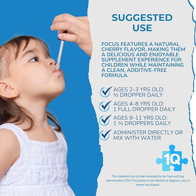 1Q Focus – Liquid Cognitive & Brain Support Drops for Kids | Acetyl L-Carnitine + B1, B6, B12 & Folate | Sugar-Free, Vegan, Non-GMO, Gluten-Free | Advanced Absorption | 2 fl oz 30 Servings