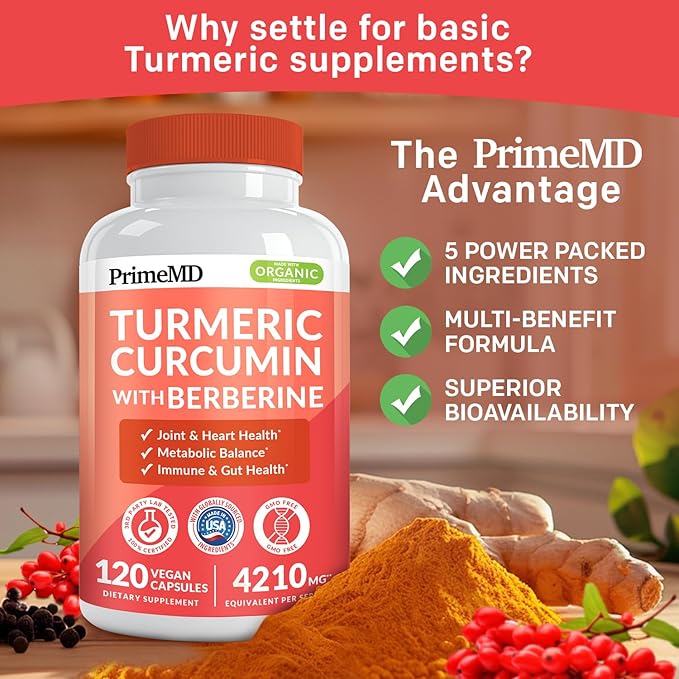5-in-1 Organic Turmeric Curcumin Supplement (4210mg) with Berberine, Ceylon Cinnamon Bioperine and Ginger Supplements for Joint, Heart, Gut, & Metabolic Support (120 ct) (Pack of 4)