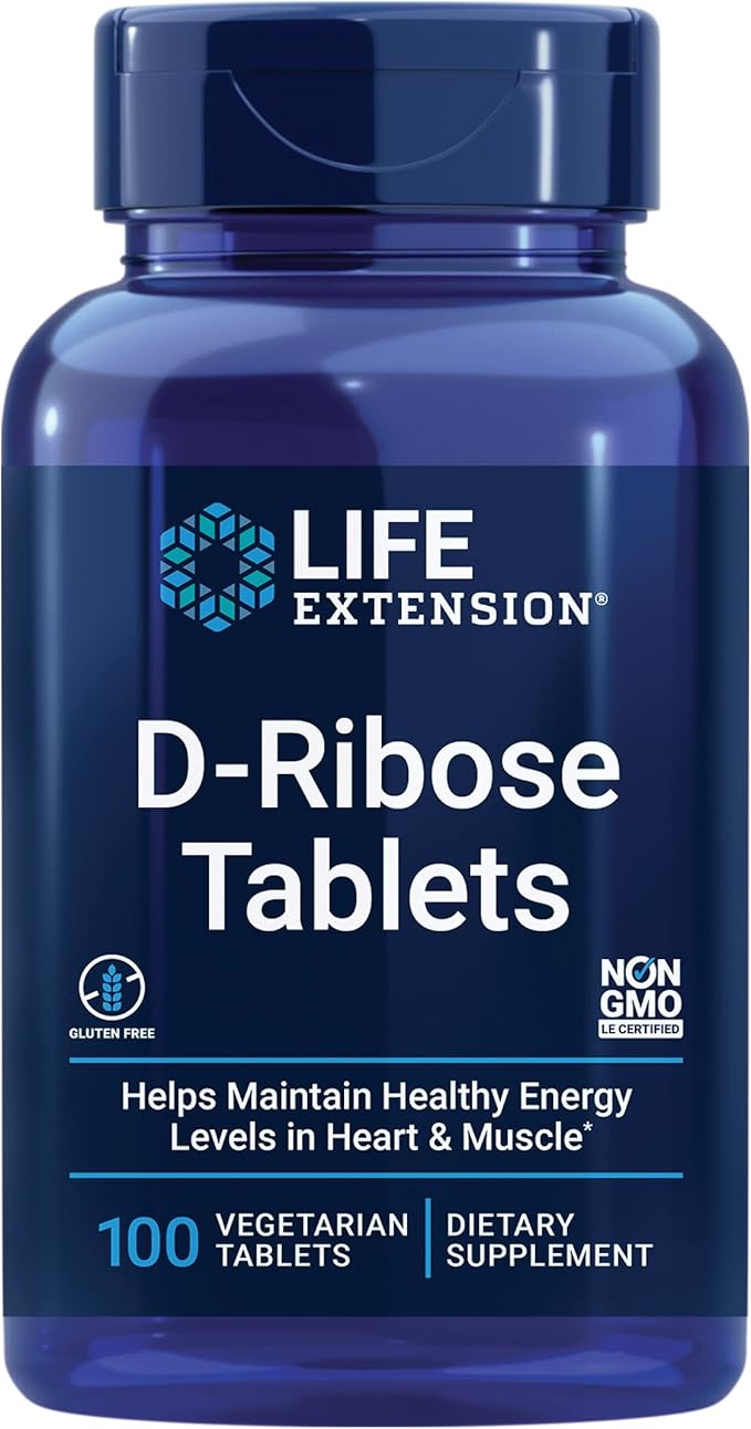 Life Extension D-Ribose Tablets, plus calcium, helps maintain healthy energy levels in heart and muscle, encourages the production of ATP, gluten-free, non-GMO, vegan, 100 vegetarian tablets