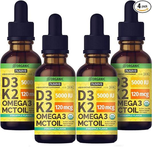 (4 Pack) Organic Vitamin D3 K2 Drops with MCT Oil Omega 3, Maximum Strength Vitamin D Liquid 5000 IU, No Fillers, Non-GMO Liquid D3 for Faster Absorption and Immune Support (Pineapple, 4 Fl Oz)