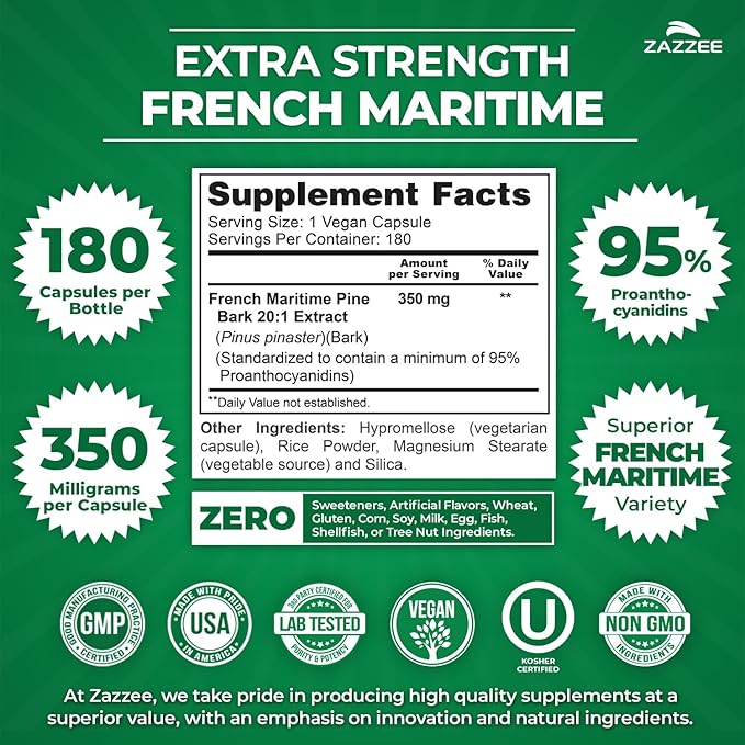 Zazzee Extra Strength French Maritime Pine Bark 20:1 Extract, 350 mg Per Capsule, 180 Vegan Capsules, 95% Proanthocyanidins, Kosher, 6 Month Supply, Standardized 20X Extract, Non-GMO, Made in The USA
