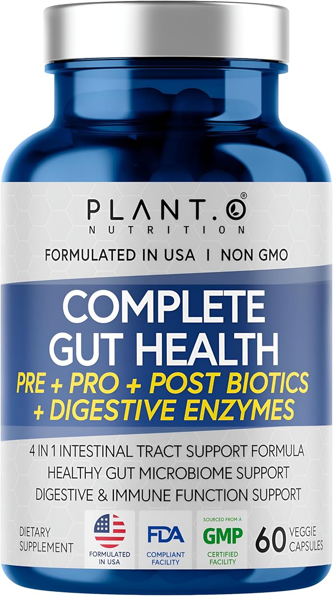 4-in-1 Prebiotic Probiotic & Postbiotic for Women & Men, Complete Gut & Digestive Support Supplement, Pre Post Probiotics & Digestive Enzymes 60 Capsules