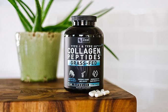 Zeal Naturals Collagen Peptides Collagen Pills (360 Capsules) Grass Fed Collagen Pepetide Powder - Hydrolyzed Collagen Powder for JointTendon SupplementHair Skin and Nails -