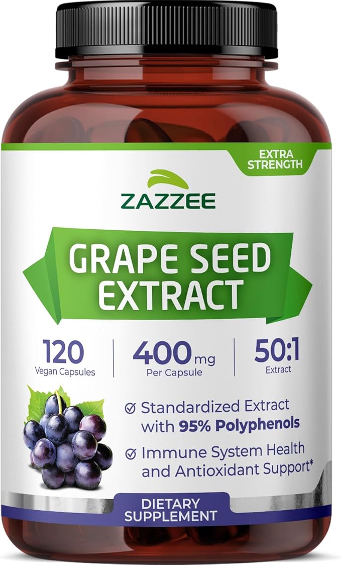 Zazzee High Strength Grape Seed 50:1 Extract, 120 Vegan Capsules, 95% Polyphenols, 400 mg per Capsule, 4 Month Supply, Standardized and Concentrated 50X Extract, Non-GMO, Made in The USA