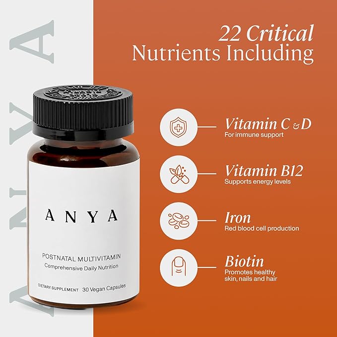 ANYA Postpartum Multivitamin, Postnatal Vitamin for Women Breastfeeding, 30 Capsules - Vitamins A, C, D3, Zinc, B12, Biotin, Folate and Iron - 100% Vegan, Non-GMO, Gluten Free, Baby Shower Gifts