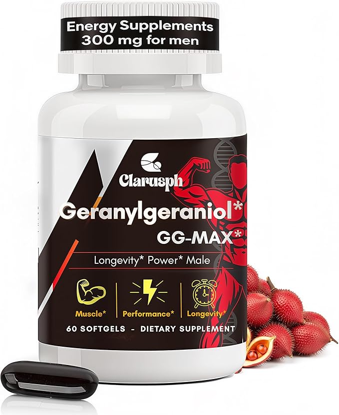 Energy Supplement Geranylgeraniol GG 300mg, Trans-Geranylgeraniol Supplement with Vitamin E for CoQ10, Annatto-Derived GG - Energy Supplements for Men, 60 Softgels
