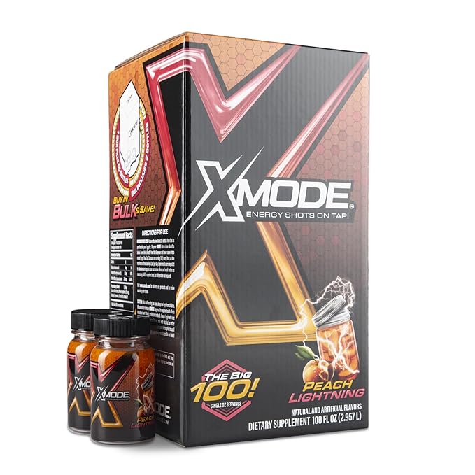 XMODE Energy Shots on Tap (Peach Lightning Flavor) – 100 Serving Dispenser with Refillable Bottles for On-Demand Energy at 150mg Caffeine Per Oz