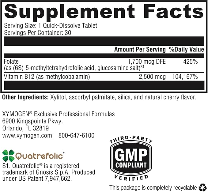 XYMOGEN 5-MTHF Plus B12 - Biologically Active L Methylfolate Supplement - Support Methylation & Nervous System Health - Great-Tasting Cherry Flavor (30 Quick-Dissolve Tablets)