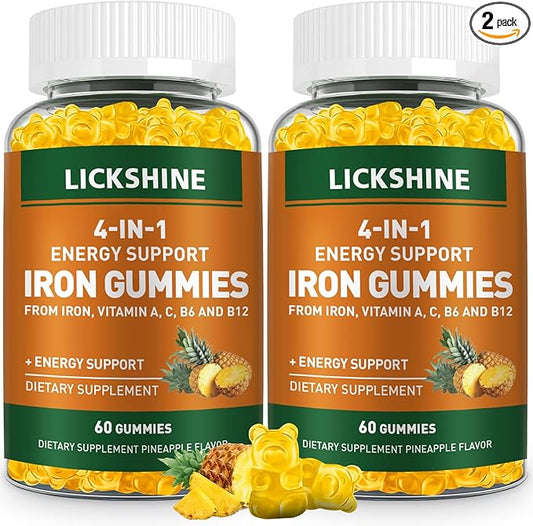 2 Pack Vegan 100MG Iron Supplement Gummies for Women & Men - with Vitamin C, A, B for Adults & Kids - Energy Support for Iron Deficiency, Anemia - Pineapple Flavor (120 Ct)