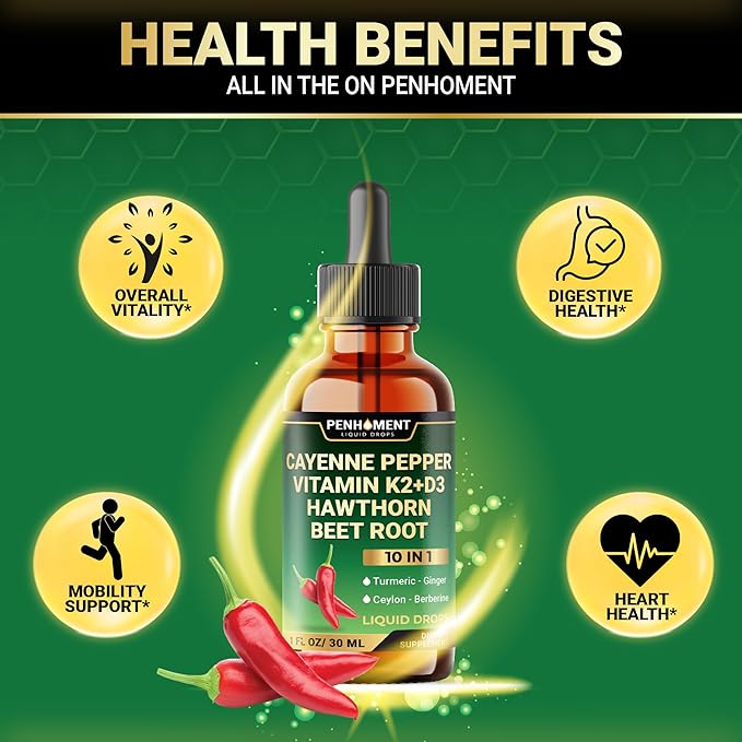 10in1 2700mg Cayenne Pepper Liquid Drops + Hawthorn Berry, Vitamin D3 K2 Beet Root Turmeric Ginger and More - Digestion Support - 1 Fl Oz - 2 Months Supply