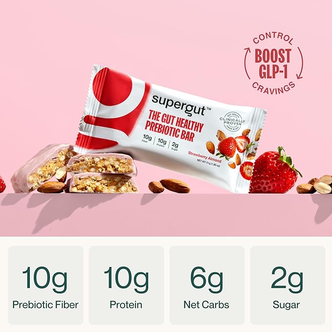 Supergut GLP-1 Boosting Prebiotic Bars, Strawberry Almond - Gut Healthy Protein Snacks & Breakfast Bars - Keto-Friendly Meal Replacement Energy Bars for Gut Health (12 Count)
