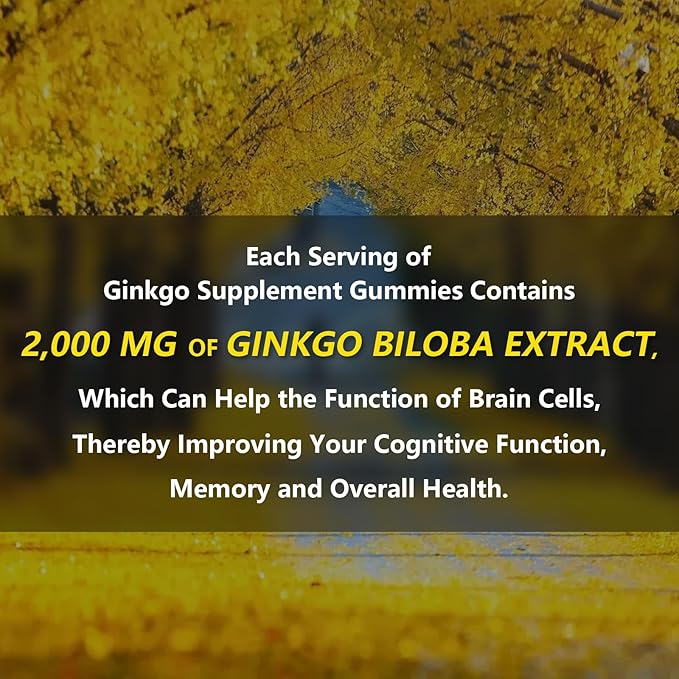 1 Pack 2000mg Ginkgo Biloba Gummies - Ginkgo Biloba Supplements for Brain Health Support, Improve Mood and Focus, Energy, Adult, Strawberry Flavor, 60 Count