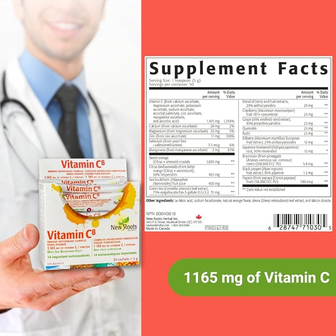 Vitamin C8 Powder Immune Support (30 Sachets) Delicious drink with 8 Different Forms of Vitamin C, Electrolytes, Bioflavonoids & Green Tea for Maximum Absorption & Antioxidant Defense