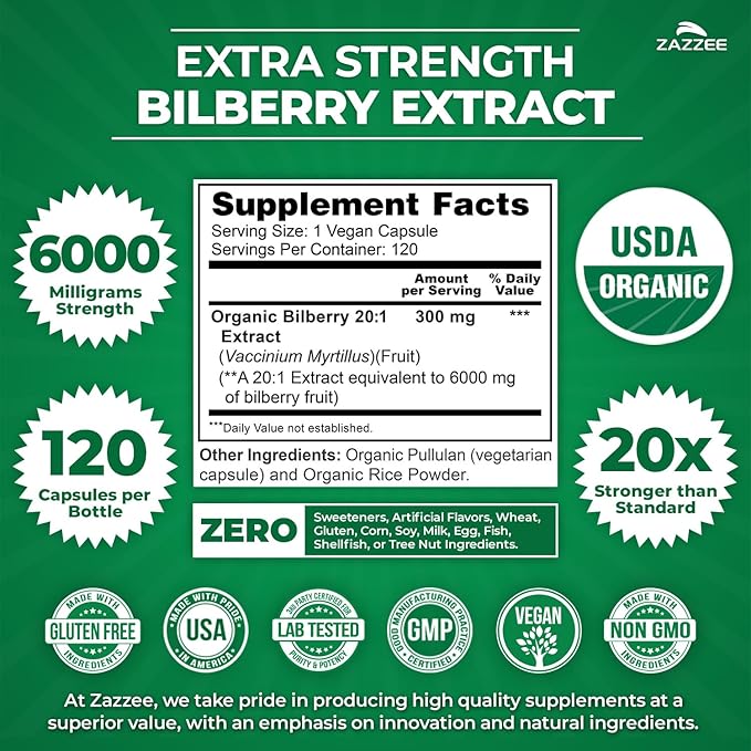 Zazzee USDA Organic Bilberry 20:1 Extract, 6000 mg Strength, 120 Vegan Capsules, 4 Month Supply, Standardized and Concentrated 20X Extract, 100% Vegetarian, All-Natural, Non-GMO, Made in The USA