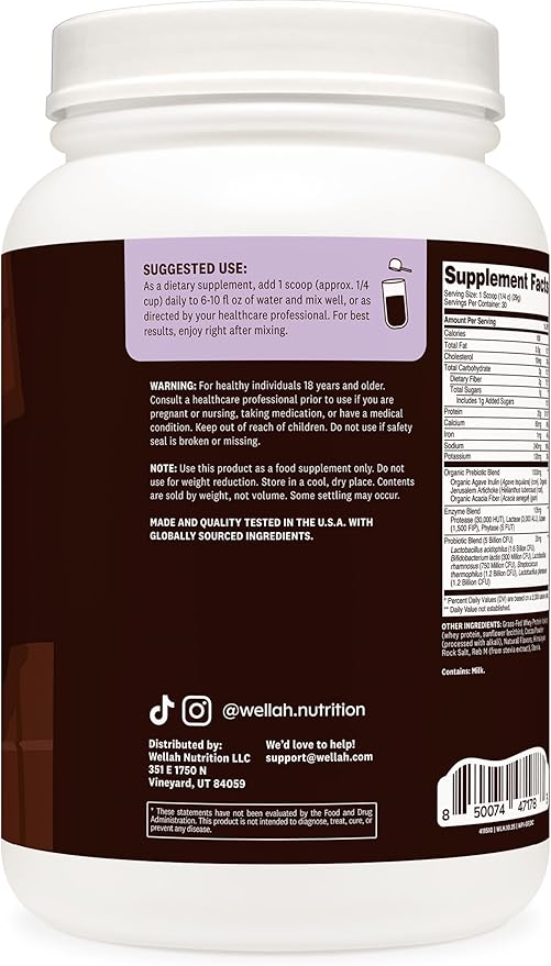 Wellah Grass-Fed Whey Protein Isolate Powder (Dark Chocolate) 30 Servings - with Prebiotics, Enzymes & Probiotics, 20g of Protein, 100 Calories, Naturally Sweetened