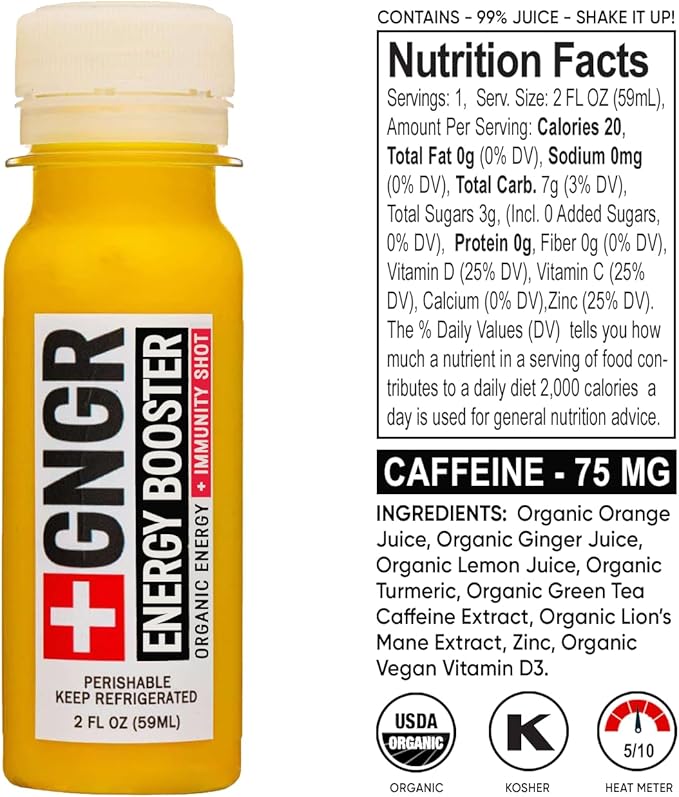+GNGR Energy Booster & Immunity Shot, Cold-Pressed Ginger Shots with Lions Mane, 75mg of Natural Caffeine Green Tea, Turmeric Root, Vitamin D & Zinc for All Natural Immune Support 2 fl oz (Pack of 12)