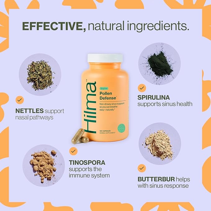 Hilma Natural Sinus Support, All Day Allergy and Sinus Relief from Pollen and Dust w/Butterbur, Stinging Nettles and Spirulina, Non-Drowsy, Organic, Clinically Proven Ingredients, 120 Vegan Capsules