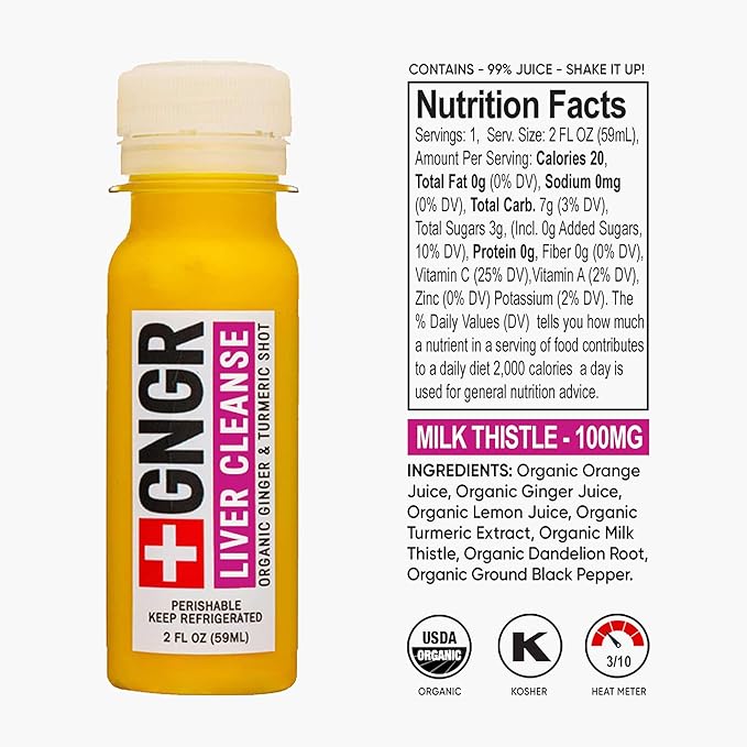 +GNGR Liver Cleanse Detox & Repair, Cold-Pressed Ginger Shot with Organic Milk Thistle Supplement, Dandelion, Turmeric, Immunity Shot for All Natural Liver Support & Digestion, 2 fl oz (Pack of 12)