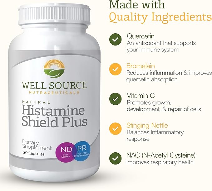 Histamine Shield Plus™ Natural Antihistamine Supplement for Adults, Sinus & Allergy Relief for Pollen, Pet Dander, Dust, Mold, and Odors, Quercetin with Bromelain & Stinging Nettle 120 Capsules