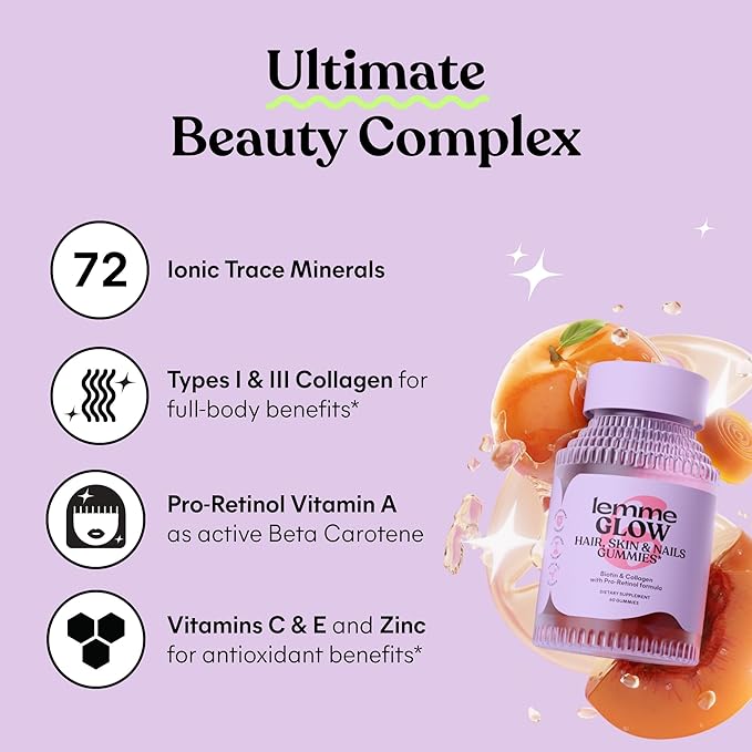 Lemme Glow Collagen Gummies for Thick Hair, Strong Nails & Healthy Skin with Multi-Collagen Peptides, Biotin, Trace Minerals, Zinc, Vitamins A, C & E, Dairy & Gluten Free, Peach Flavor, 60 ct.