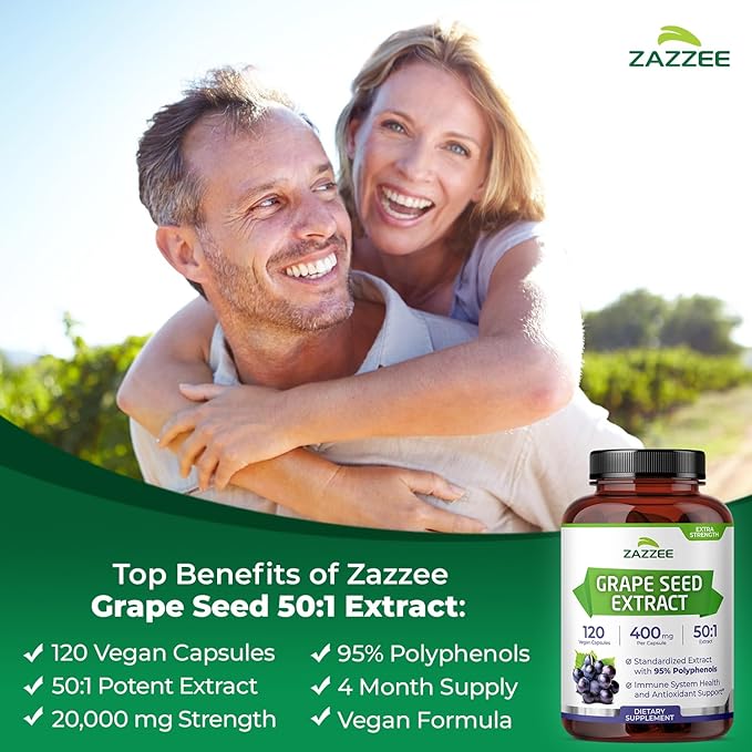 Zazzee High Strength Grape Seed 50:1 Extract, 120 Vegan Capsules, 95% Polyphenols, 400 mg per Capsule, 4 Month Supply, Standardized and Concentrated 50X Extract, Non-GMO, Made in The USA
