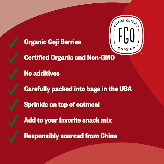 FGO Organic Goji Berries, Large & Chewy, from Ningxia, 32oz (Pack of 1)