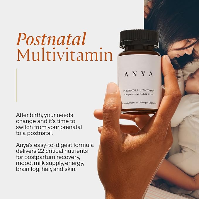 ANYA Postpartum Multivitamin, Postnatal Vitamin for Women Breastfeeding, 30 Capsules - Vitamins A, C, D3, Zinc, B12, Biotin, Folate and Iron - 100% Vegan, Non-GMO, Gluten Free, Baby Shower Gifts