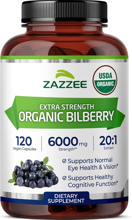 Zazzee USDA Organic Bilberry 20:1 Extract, 6000 mg Strength, 120 Vegan Capsules, 4 Month Supply, Standardized and Concentrated 20X Extract, 100% Vegetarian, All-Natural, Non-GMO, Made in The USA