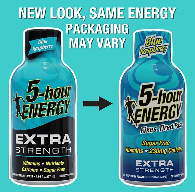 5-hour ENERGY Shots Extra Strength, Blue Raspberry Flavor, 30 Count, 1.93 Fl Oz, Sugar Free, Zero Calories, Amino Acids and Essential B Vitamins, Dietary Supplement, Feel Alert and Energized, 230 mg Caffeine