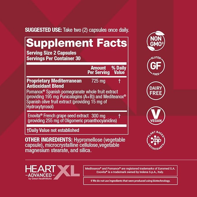 OmegaXL HeartXL Advanced - Heart Health Supplement - Three clinically Studied Mediterranean antioxidant extracts - Supports Blood Pressure, Cholesterol and Circulatory Health (60 Capsules)