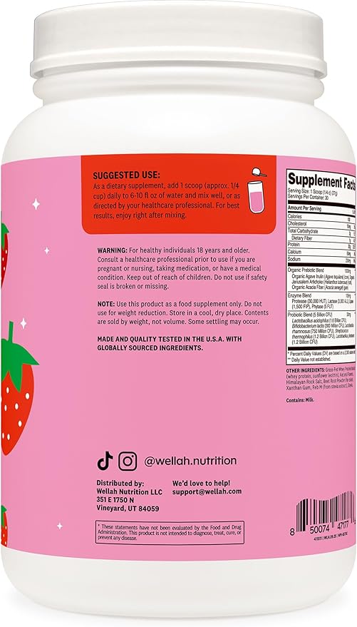 Wellah Grass-Fed Whey Protein Isolate Powder (Strawberries and Cream) 30 Servings - with Prebiotics, Enzymes & Probiotics, 20g of Protein, 100 Calories, Naturally Sweetened