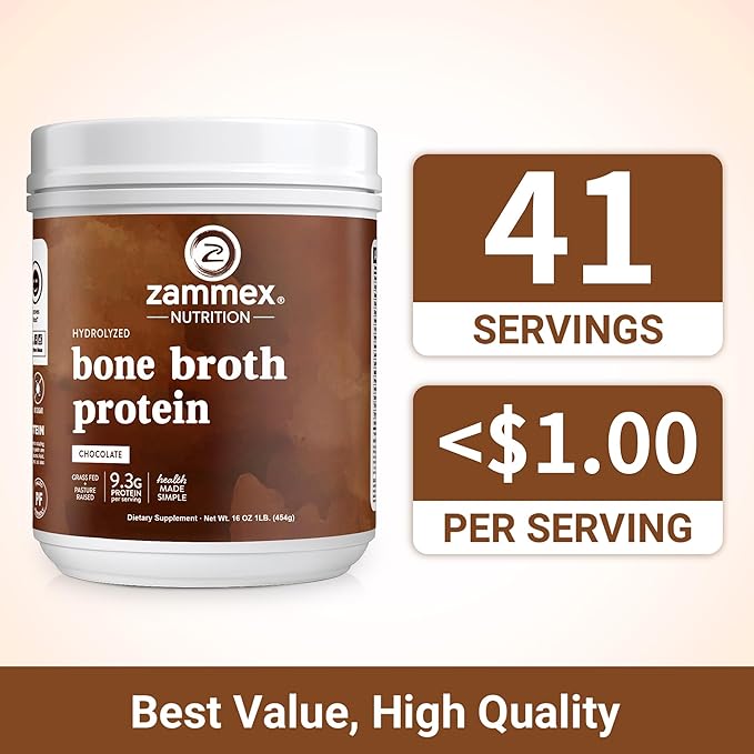 Zammex Bone Broth Protein Powder, Pure Grass Fed Beef, Chocolate Protein Powder,Hydrolyzed Collagen Supplement for Healthy Skin,Nails,Hair,Joints, Non-GMO,Gluten Free, Great in Shakes