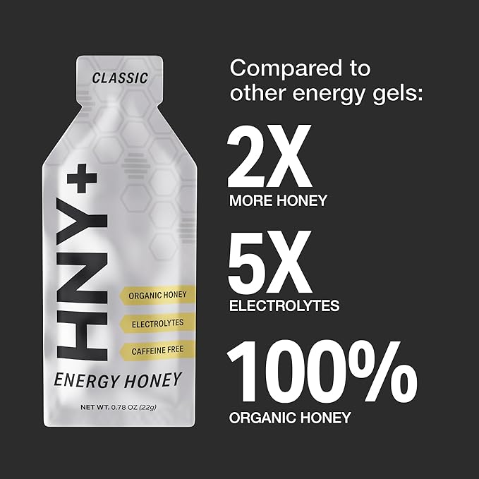 HNY+ Organic Honey Energy Gel with Electrolytes, Magnesium, Sea Salt & Potassium, Gluten Free & Vegan, Workout Gels, for Gym, Running, Cycling & Hiking, Sports Nutrition, Caffeine Free, 12 Pack