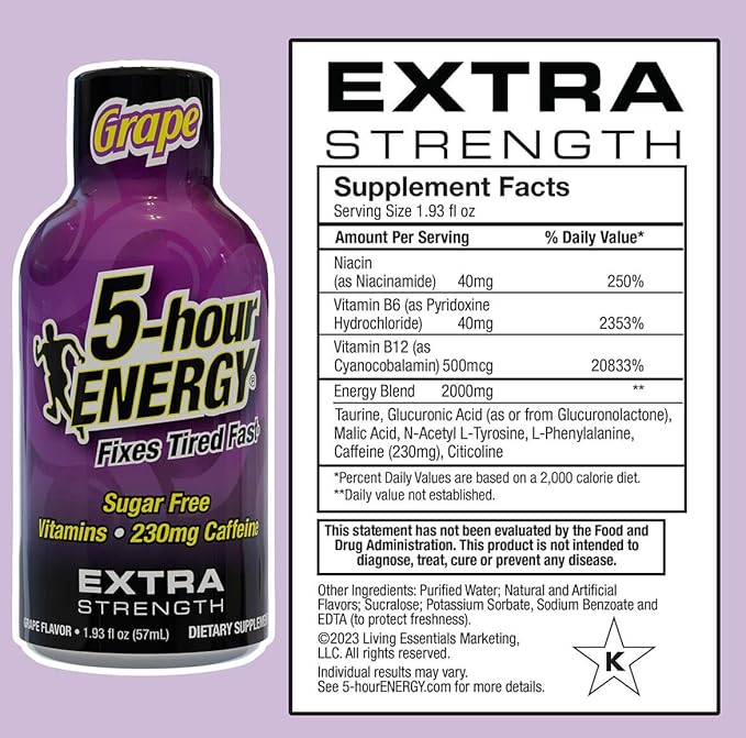 5-hour ENERGY Extra Strength Energy Shot, Grape Flavor, 30 Count, 1.93 oz., Zero Calories & Sugar-Free 230 mg Caffeinated Energy Shot, Amino Acids & B Vitamins, Dietary Supplements